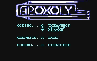 The screen displays the title "Apoxoly" with credits for coding, graphics, and sound, set against a dark background.