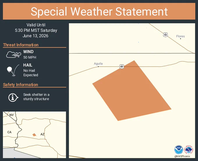 This graphic displays a special weather statement plotted on a map. The statement is in effect until 5:30 PM MST.  The statement includes Maricopa County, AZ.  A STRONG THUNDERSTORM WILL IMPACT NORTHWEST MARICOPA COUNTY THROUGH 530 PM MST. The threats associated with this storm are wind gusts up to 50 MPH and no hail is expected. Seek shelter in a sturdy structure until the storm passes.