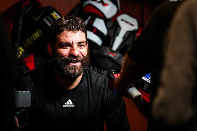 Jordan Martinook smiles while answering a question during a recent media availability.