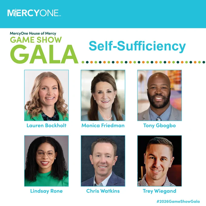 This image is a promotional graphic for the MercyOne House of Mercy Game Show Gala themed "Self-Sufficiency." It features six headshots labeled as Lauren Bockholt, Monica Friedman, Tony Gbogbo, Lindsay Rone, Chris Watkins, and Trey Wiegand. The top banner displays the MercyOne logo and event details. The hashtag #2026GameShowGala is included.