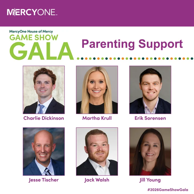 A poster for the MercyOne House of Mercy Game Show Gala titled "Parenting Support." It features six headshots in two rows with names below: Charlie Dickinson, Martha Krull, Erik Sorensen, Jesse Tischer, Jack Walsh, and Jill Young. The top section displays the MercyOne logo.
