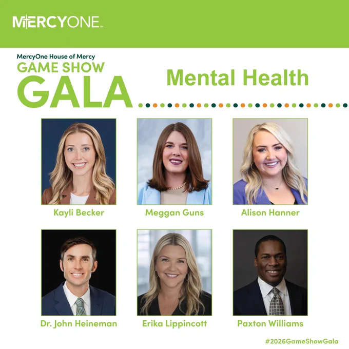 The image is a promotional graphic for the MercyOne House of Mercy Game Show Gala focused on mental health. It features six headshots arranged in two rows: Kayli Becker, Meggan Guns, Alison Hanner, Dr. John Heineman, Erika Lippincott, and Paxton Williams. The background is green and white with dotted lines and the hashtag #2026GameShowGala.