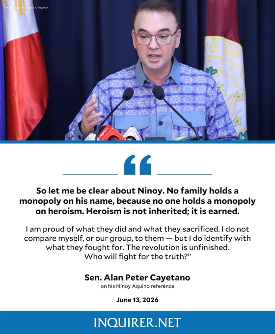 Senator Alan Peter Cayetano defended his references to late opposition leader Benigno “Ninoy” Aquino Jr., saying no family holds an exclusive claim to Aquino’s legacy.
