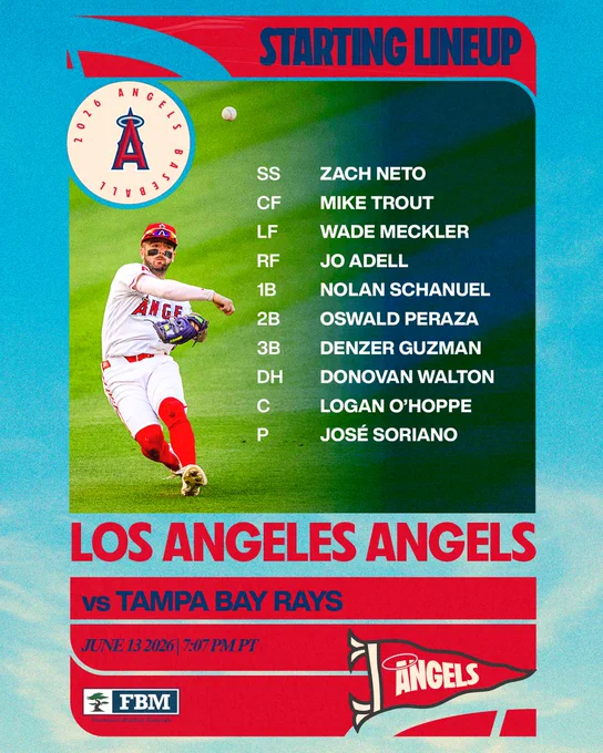 June 13 Lineup vs Rays: SS Zach Neto, CF Mike Trout, LF Wade Meckler, RF Jo Adell, 1B Nolan Schanuel, 2B Oswald Peraza, 3B Denzer Guzman, DH Donovan Walton, C Logan O'Hoppe, P José Soriano
