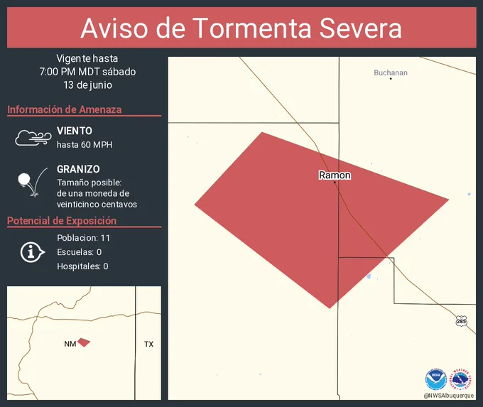 Este gráfico muestra la localización en el mapa de un aviso de tormenta severa. El aviso estará en efecto hasta las 7:00 PM MDT. El aviso incluye a Ramon NM. El aviso incluye el noreste del condado de Lincoln en el centro de New Mexico, el oeste del condado de Baca en el este centro de New Mexico y el noroeste del condado de Chaves en el sureste de New Mexico. Las amenazas asociadas a este aviso son: ráfagas de viento de 60 MPH y granizo del tamaño de una moneda de veinticinco centavos. Hay 11 personas bajo este aviso incluyendo 0 escuelas y 0 hospitales.