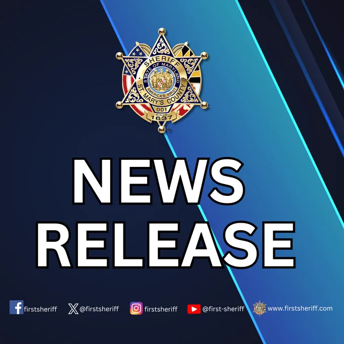 St. Mary's County Sheriff's Office badge above bold text reading NEWS RELEASE on a blue gradient background.