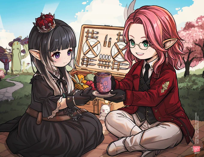 Artwork for @maplethecoolcat, of a sweet FFXIV Lalafell couple having a Cherry Blossoming Tea Time~! A regal black-haired Lalafell lady and her pink-haired bespectacled partner share a romantic picnic near sakura trees, complete with a fancy basket, fresh fruit, and a chilling white moogle kupo~!