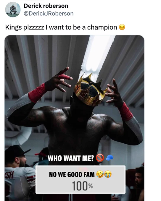 An athlete in a locker room wears a crown, surrounded by teammates. The mood is playful with humorous text overlay.
