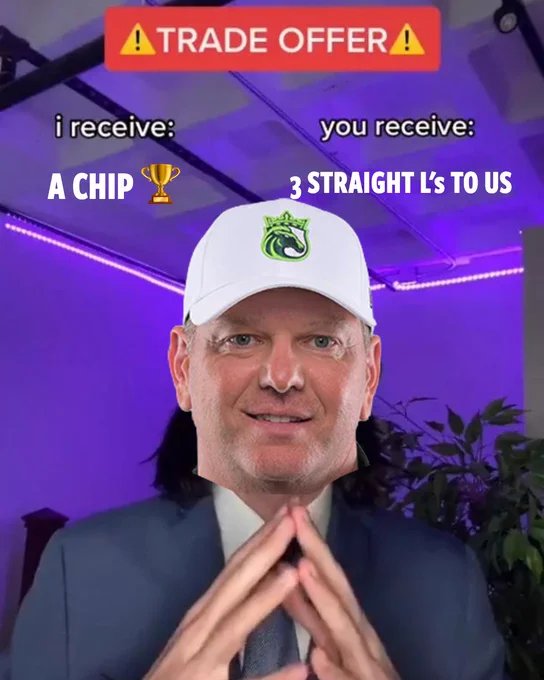 Humorous trade offer meme featuring a person in a suit with a sports trophy and text about winning. Playful and competitive tone.