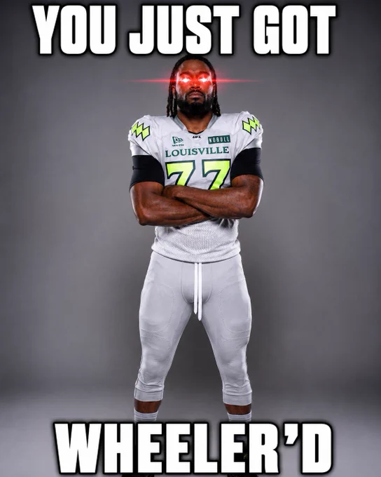 A meme featuring a football player in a white uniform with glowing red eyes and text saying 'YOU JUST GOT WHEELER'D'. It has a humorous and intense mood.