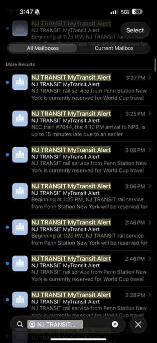 Screenshot of NJ Transit email alerts about New York Penn Station access being limited to World Cup patrons coming in roughly 20 minute intervals on Saturday, June 13, 2025.