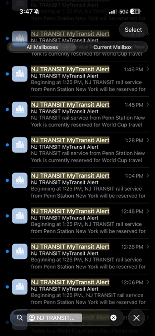 Screenshot of NJ Transit email alerts about New York Penn Station access being limited to World Cup patrons coming in roughly 20 minute intervals on Saturday, June 13, 2026.