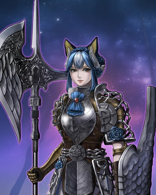 Aolynn's illusion form as a human with blue hair, black dog ears, and a suit of armor.  She is carrying a halberd with a feathered wing pattern on the blade as well as a shield with a feathered wing texture.  Her pauldrons feature metal vines and a blue rose, and she has a red brooch fastened on her armor's chin guard.  Overall, her metal armor has a color scheme of silver, blue, and  her leather bits of armor feature bronze and brown colors.