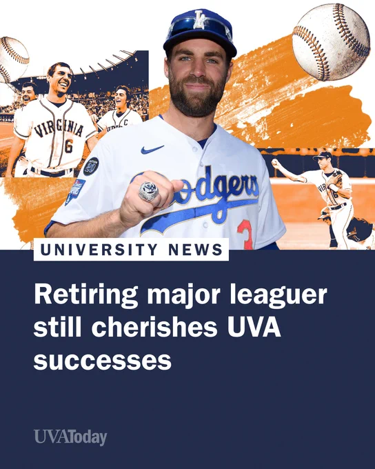 Former UVA baseball player Chris Taylor wearing a Los Angeles Dodgers jersey and cap, holding a ring. The word "Virginia" is visible on a jersey in the artwork. The text reads: "University News - Retiring major leaguer still cherishes UVA successes - UVA Today."