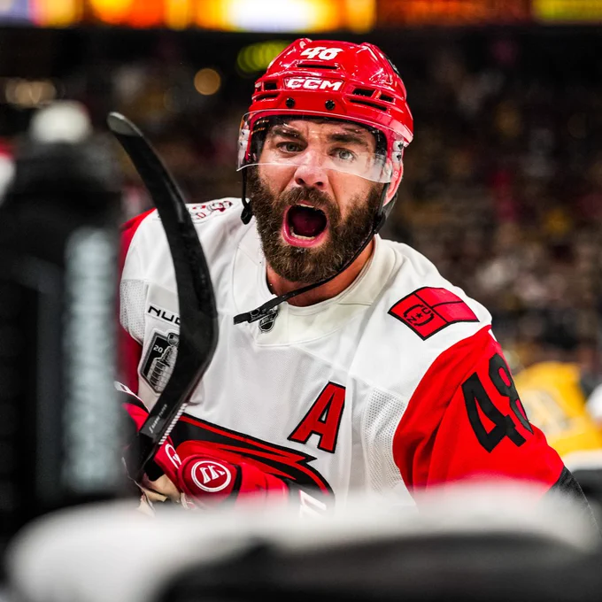Photo of Jordan Martinook yelling during warmups