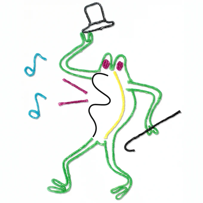 Frog with a top hat created with Wikki Stix and simple squiggle.