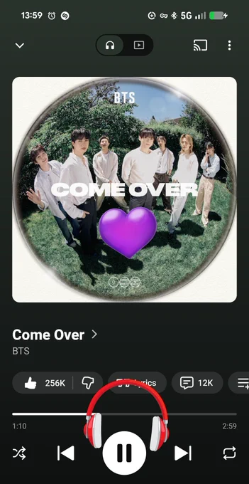 Screenshot of YouTube Music app playing COME OVER by BTS