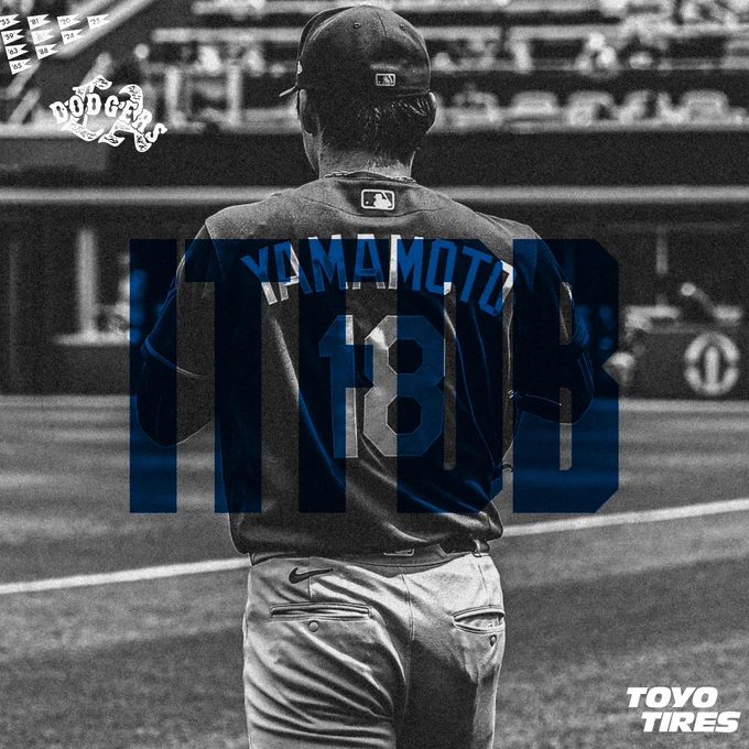 A photo of Yoshinobu Yamamoto walking onto the field to warm up before his start against the White Sox.