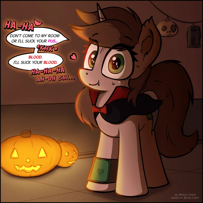 Digital art of Littlepip, Fallout Equestria's main character. Pip is dressed as a vampire, talking to the viewer and smiling. She's saying "Ha-ha. Don't come to my room or I'll suck your pus... *Khk* Blood. I'll suck your blood. Ha-ha-ha-ah-oh-shi...". Pip is lit by a couple of jack-o'-lanterns from the left, and there are a couple of hanging skull decorations to the right. The scene is indoors in the stable (vault).