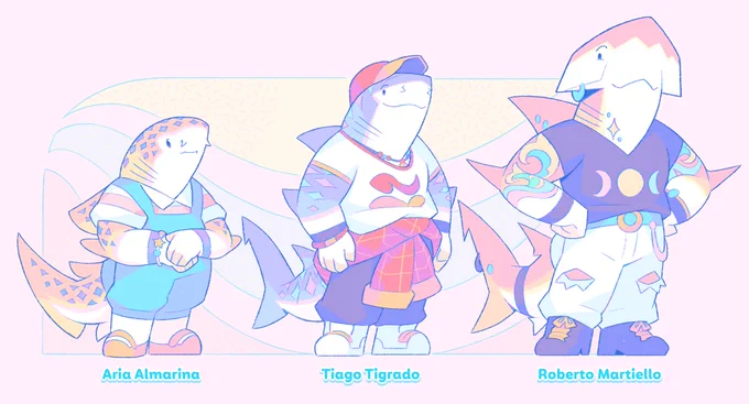 Reference sheet illustration of my three sharkfolk characters: Aria Almarina, Tiago Tigrado, and Roberto Martiello.

Aria is a short zebra shark with yellow skin covered in purple spots. She wears blue dungarees over a white shirt with pink stripes and yellow sandals. She wears a bracelet with a star pendant on her arm.

Tiago is a medium-sized tiger shark with blue skin and blue and pink stripes. He wears a cap, a white shirt printed with an allegorical symbol of the sign of Cancer, black trousers and a red jacket with a yellow checkered pattern tied at the waist. He wears white trainers and a colourful costume jewellery necklace.

Roberto is a large hammerhead shark of tall stature, with pink skin tattooed with representations of stars, tides and a misty moon. He has a blue piercing below his eyes and wears a black shirt with a trilunar symbol. He wears white jeans torn at the knees, held up by a blue belt with a yellow buckle. He is wearing black boots with yellow laces.