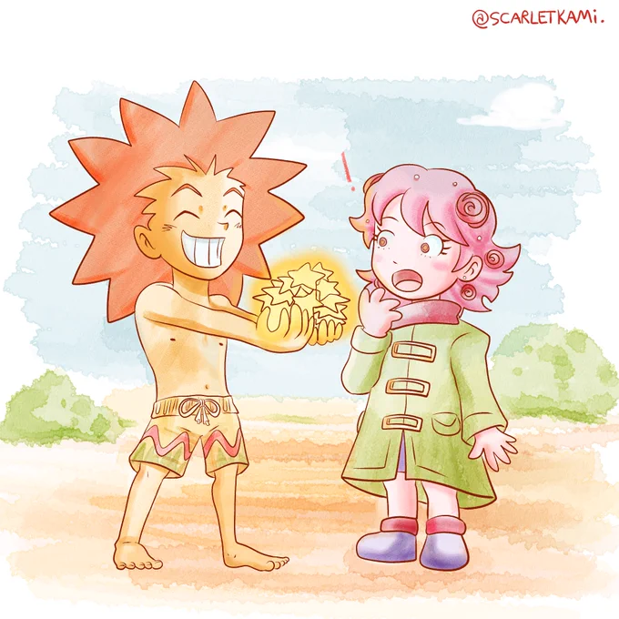 Luk e Rose crianças. Luk, um menino de cabelo laranja, pele amarelada, descalço e de short amarelo, verde e vermelho, carrega um conjunto de starlites brilhantes para a Rose, uma menina de cabelo rosa com algumas rosas em seu cabelo, sobretudo verde, manto cor cereja, sapatos cor violeta e rosa, nota a quantidade de estrelas nas mãos do Luk. 

Arte de aquarela digital. 