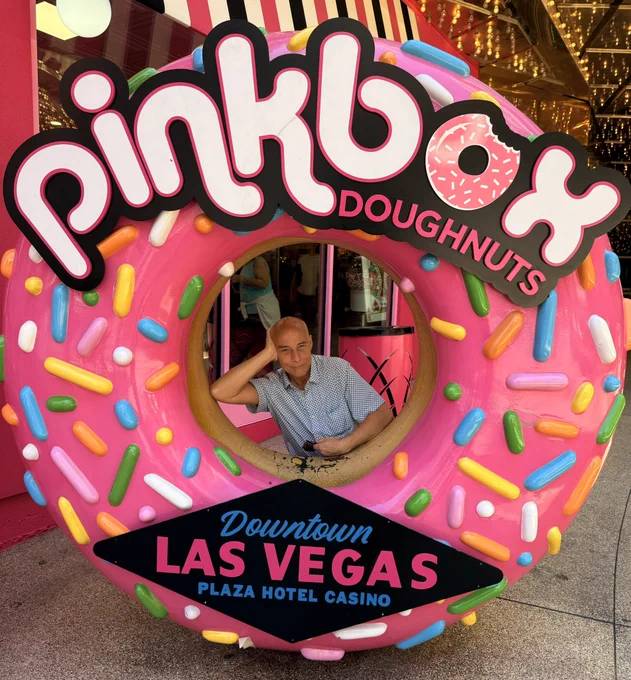 Pinkbox doughnuts downtown Las Vegas location at the Plaza Hotel and Casino has a great photo opportunity of a large pink sprinkle donut