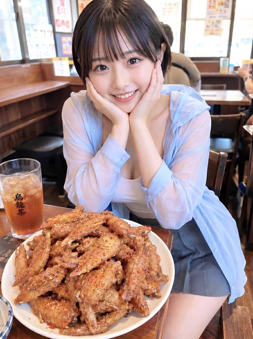山盛りの手羽先唐揚げを見つめて笑顔のショートカット女子