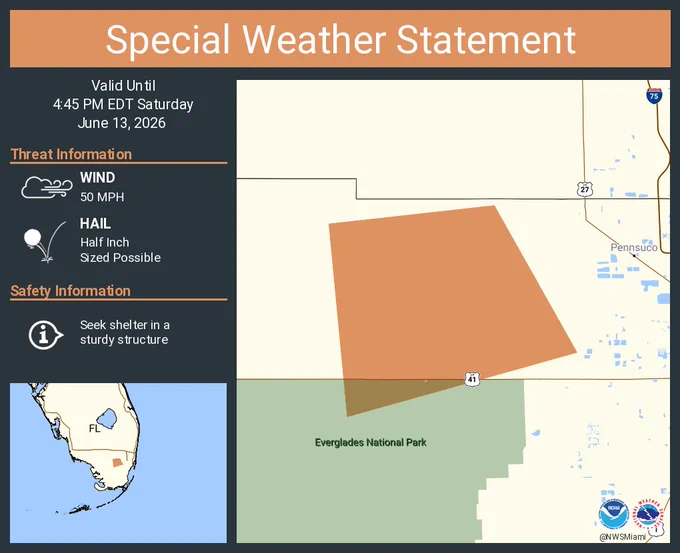 This graphic displays a special weather statement plotted on a map. The statement is in effect until 4:45 PM EDT.  The statement includes Miami-Dade County, FL.  The threats associated with this storm are wind gusts up to 50 MPH and half inch sized hail. Seek shelter in a sturdy structure until the storm passes.