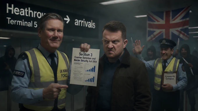 A stern man holds a document related to counter-terrorism at Heathrow Airport, flanked by officials and a group of shouting individuals.