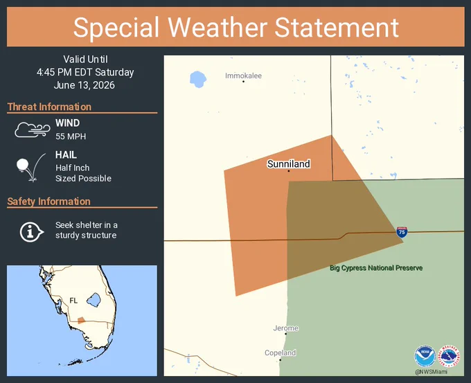 This graphic displays a special weather statement plotted on a map. The statement is in effect until 4:45 PM EDT.  The statement includes Sunniland FL.  A strong thunderstorm will impact portions of central Collier and southwestern Hendry Counties through 445 PM EDT. The threats associated with this storm are wind gusts up to 55 MPH and half inch sized hail. Seek shelter in a sturdy structure until the storm passes.