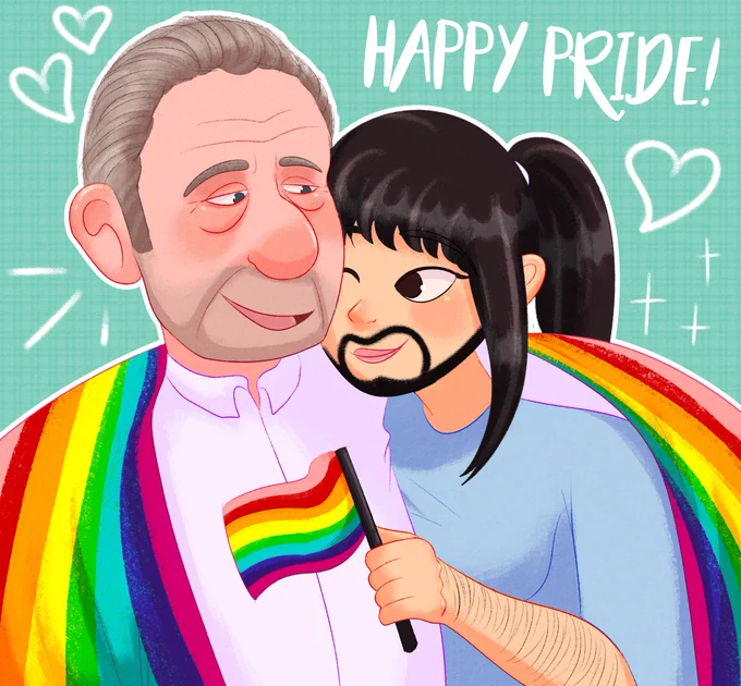 Digital art of Rick Dicker and Kain huddled close together under a Gilbert Baker rainbow flag blanket. Kain holds up the same flag as a mini flag. Words above them read: Happy Pride!