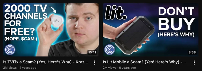 Two YouTube thumbnails side by side. On the left, the thumbnail title says: Is TVFix a Scam? Yes, Here's Why. On the right, it says: Is Lit Mobile a Scam? Yes! Here's Why. The TVFix episode date says 4 years ago. Lit Mobile says 6 years ago. Both view counts say: 2M.