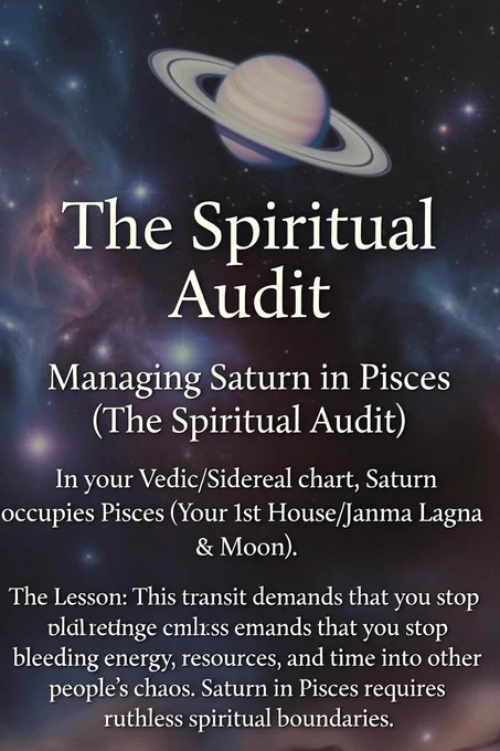 Managing Saturn in Pisces (The Spiritual Audit)


In your Vedic/Sidereal chart, Saturn occupies Pisces (Your 1st House/Janma Lagna & Moon). 
* The Lesson: This transit demands that you stop bleeding energy, resources, and time into other people’s chaos. Saturn in Pisces requires ruthless spiritual boundaries.