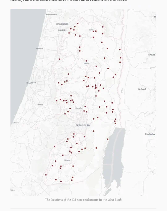 The locations of the 103 new settlements in the West Bank.