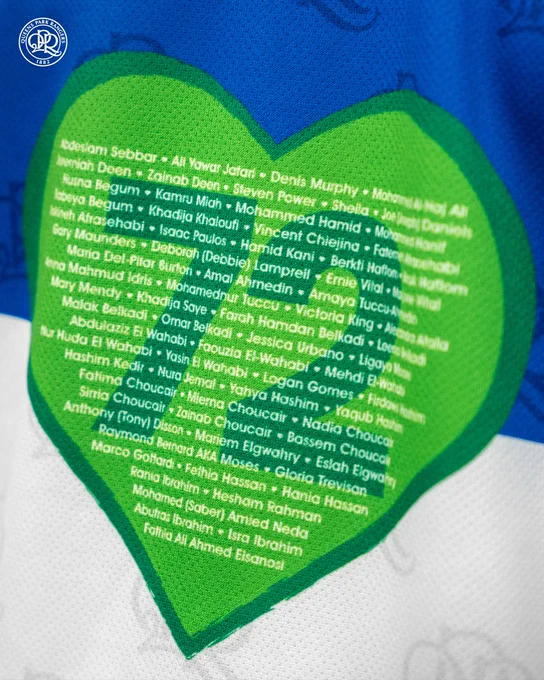 A QPR shirt bearing a green heart with names of each of the 72 who died in the Grenfell Tower fire.