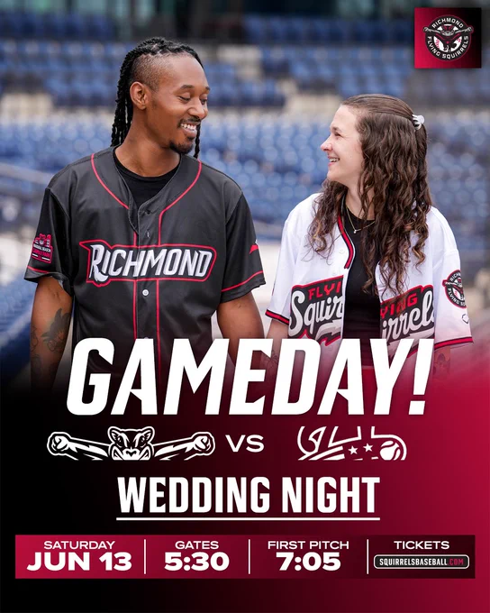 A couple in baseball jerseys promotes a Richmond Flying Squirrels event. The mood is joyful and celebratory.