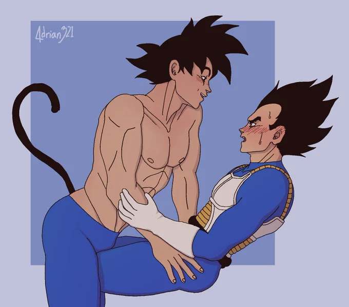 Digital art of Goku crawling onto Vegeta's lap with a smile and a slight blush. Vegeta is majorly blushing and kind of pushing Goku away. They are both wearing post-Frieza saiyan armor (the blue spandex and white chest piece), except Goku is only wearing the blue spandex pants. Vegeta is fully clothed. They both still have their tails. Vegeta's is wrapped around his waist and Goku's is curled in a playful question mark shape behind him.