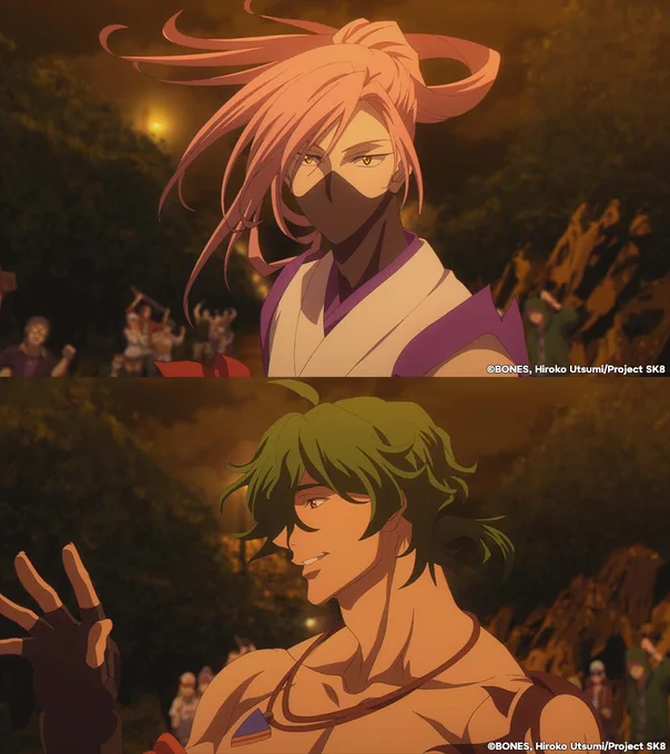 Two images from SK8 the Infinity. The top image shows a close-up of Cherry with half his face covered by a mask. The bottom image features Joe smiling and waving.