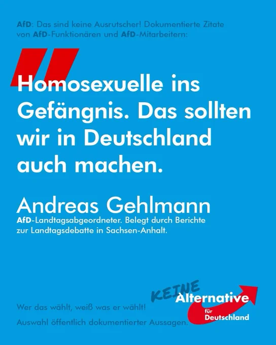 Auf dem Bild ist ein politisches Plakat der AfD in hellblauem Hintergrund zu sehen. Im Zentrum steht in großer weißer Schrift ein Zitat mit homophobem Inhalt: „Homosexuelle ins Gefängnis. Das sollten wir in Deutschland auch machen.“ Darunter wird der Name Andreas Gehlmann genannt, ergänzt durch den Hinweis, dass er AfD-Landtagsabgeordneter ist und das Zitat durch Berichte zur Landtagsdebatte in Sachsen-Anhalt belegt sei. Unten rechts ist das AfD-Logo mit dem Slogan „Keine Alternative für Deutschland“ zu sehen, unten links steht in kleiner Schrift: „Wer das wählt, weiß was er wählt!“ und „Auswahl öffentlich dokumentierter Aussagen.“
