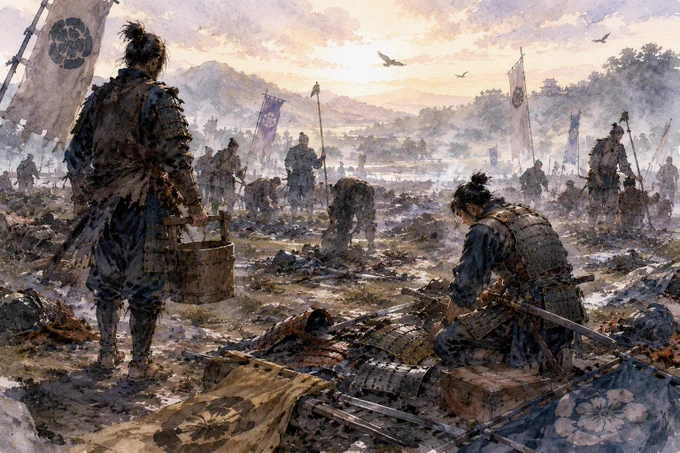 夕陽が戦場を赤く染めていた。
朝まで風にはためいていた旗は静まり、轟いていた鬨の声も、今はもう聞こえない。
侍たちは散乱した武具を集め、戦の痕跡を整理していく。討ち取った敵の首は首桶に納められ、功を記すために運ばれる。
勝敗はすでに決した。
だが、戦は刃を交えた瞬間だけでは終わらない。
失われた命を数え、戦果を確かめ、主君へ報告する。それもまた、侍に課せられた務めだった。
燃えるような夕空の下、生き残った者たちは黙々と歩き続ける。
戦の終わりを見届けるために。
