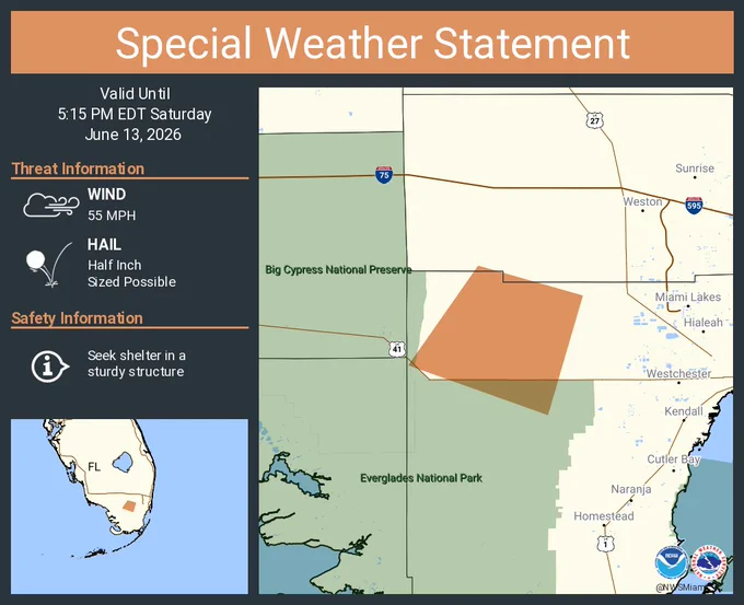 This graphic displays a special weather statement plotted on a map. The statement is in effect until 5:15 PM EDT.  The statement includes Miami-Dade County, FL.  The threats associated with this storm are wind gusts up to 55 MPH and half inch sized hail. Seek shelter in a sturdy structure until the storm passes.