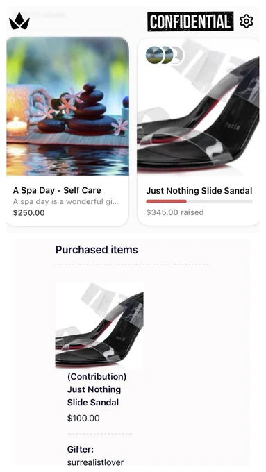 Two-panel collage. The first panel shows a contribution update indicating a patron added $100 to a Christian Louboutin fund. The second panel shows a spa day plan for the upcoming week. The post communicates that supporters can choose to contribute toward either luxury footwear goals or self-care spa experiences, with one contribution already received and the other currently planned.