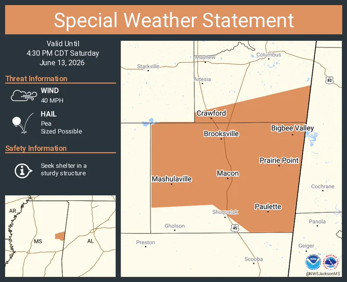 This graphic displays a special weather statement plotted on a map. The statement is in effect until 4:30 PM CDT.  The statement includes Macon MS, Brooksville MS and  Crawford MS.  A STRONG THUNDERSTORM WILL IMPACT NOXUBEE AND SOUTHERN LOWNDES COUNTIES THROUGH 430 PM CDT. The threats associated with this storm are wind gusts up to 40 MPH and pea sized hail. Seek shelter in a sturdy structure until the storm passes.