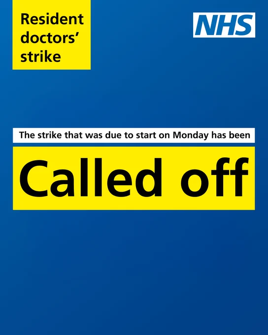 Resident doctors' strike. The strike that was due to start on Monday has been called off. 