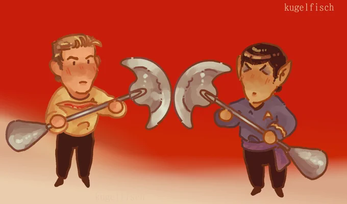 A digital art piece featuring chibi (smaller) versions of Kirk (left) and Spock (right) from star trek. The piece features Spock and Kirk holding Lirpas.

This piece is based on the episode "Amok Time". Kirk's shirt is cut open at his chest, while spock wears a purple cloth wrapped around his waist. The background is a gradient of red, with a small gradient of light yellow for the sands of vulcan.