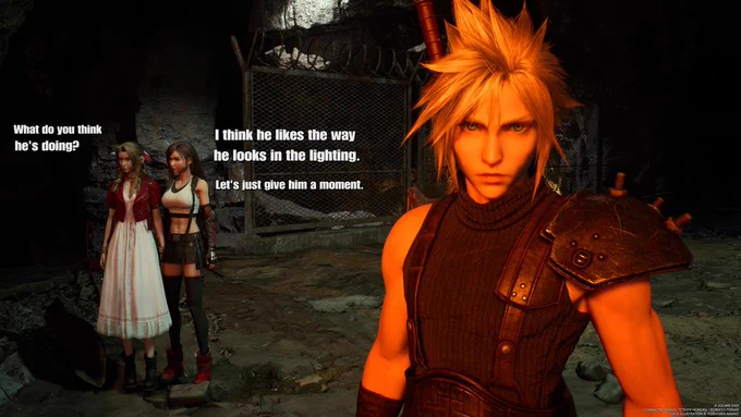 Cloud is bathed in a warm amber glow.

Aerith and Tifa are in the background.
Aerith asks "What do you think he's doing?"
Tifa answers "I think he likes the way he looks in the lighting.  Let's just give him a moment."