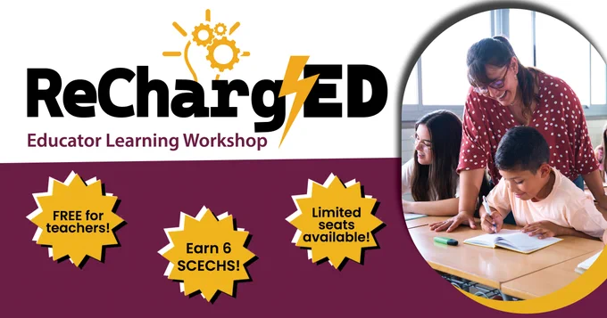 Teacher assisting two students with schoolwork in a bright classroom setting promoting the ReChargED Educator Learning Workshop.