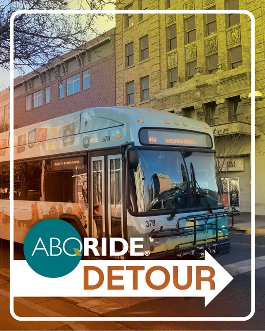 City bus number 378 parked on a street with a detour sign overlay indicating ABQ RIDE service change.