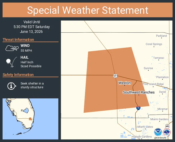 This graphic displays a special weather statement plotted on a map. The statement is in effect until 5:30 PM EDT.  The statement includes Weston FL and  Southwest Ranches FL.  A strong thunderstorm will impact portions of central Broward County through 530 PM EDT. The threats associated with this storm are wind gusts up to 55 MPH and half inch sized hail. Seek shelter in a sturdy structure until the storm passes.