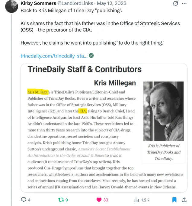 @TrinedayKris shares the fact that his father was in the Office of Strategic Services (OSS) - the precursor of the CIA.  However, he claims he went into publishing "to do the right thing."
- @LandlordLinks
https://x.com/LandlordLinks/status/1656920576731099136
#ADA✝️#news